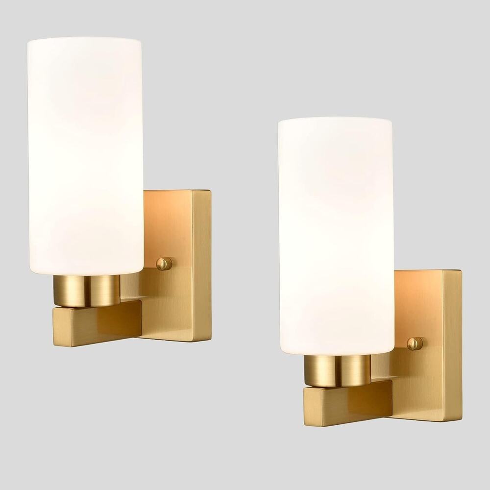 Modern Gold Bathroom Vanity Light Set of 2 with White Glass Shades Dimmable